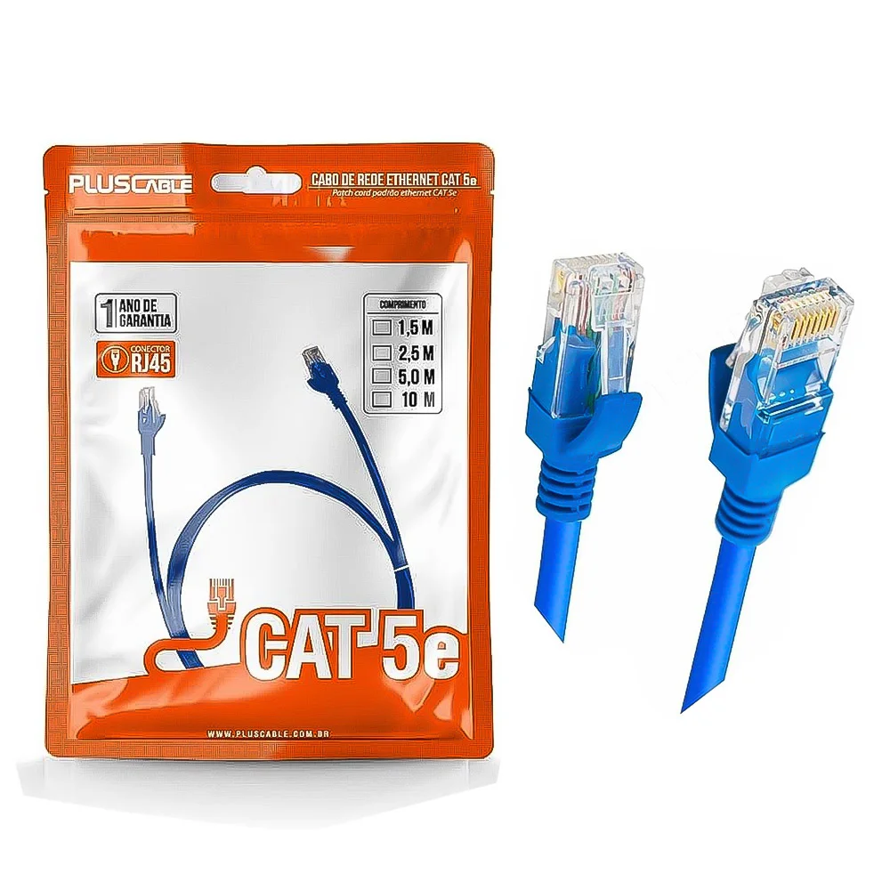 Cabo de Rede Ethernet PLUSCABLE CAT 5e 5m - conector RJ45