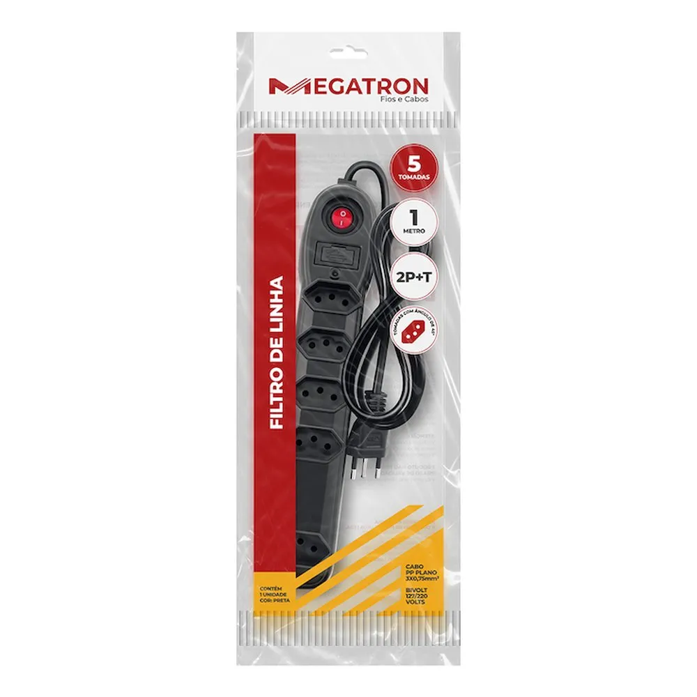 Filtro de Linha 5 Tomadas Bivolt 1M - Megatron cor preta - 10A / 250V - 1,27 kW - 50Hz/60Hz